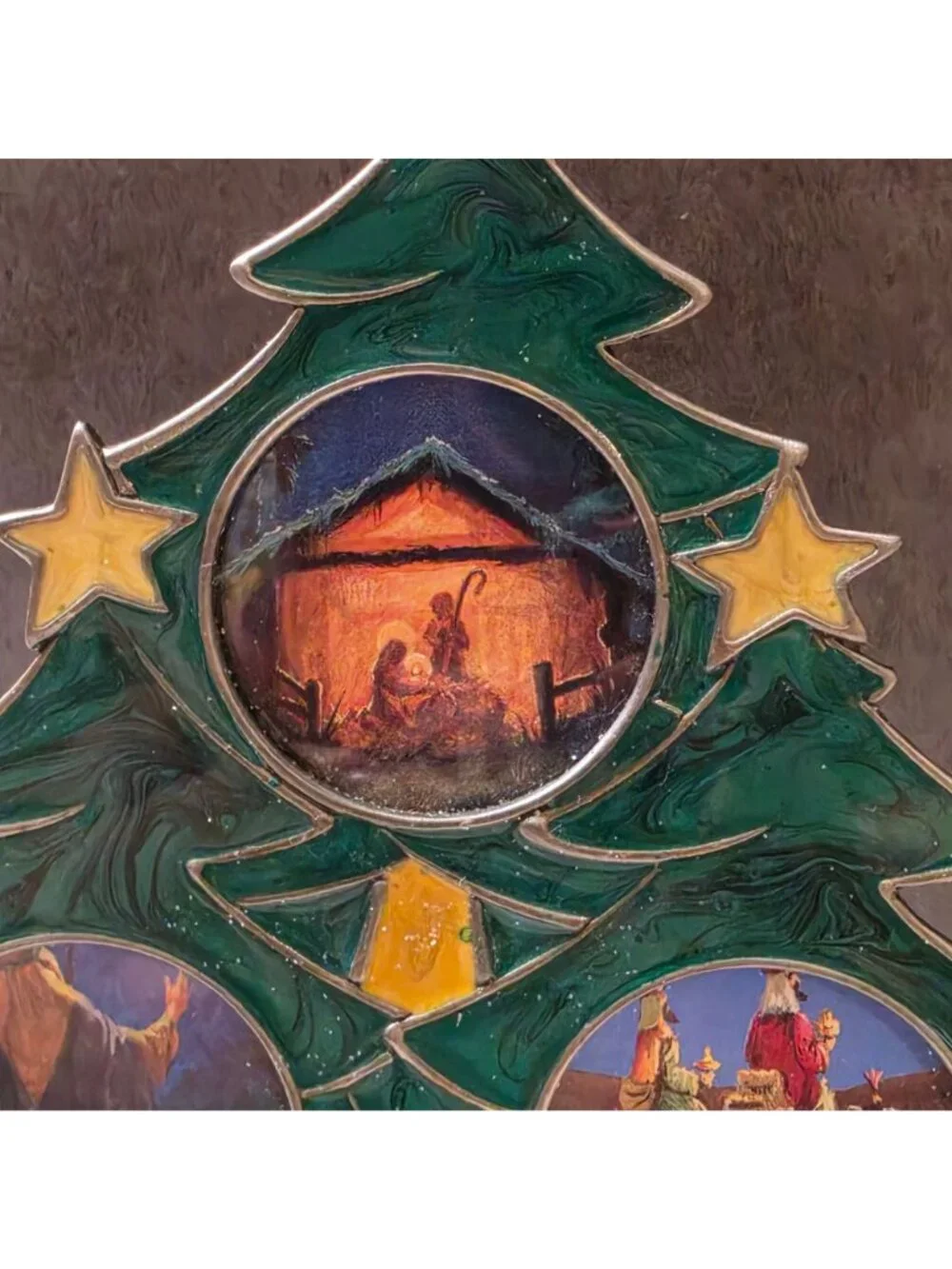 Vintage  Enamel Christmas Tree Nativity Triple Frame